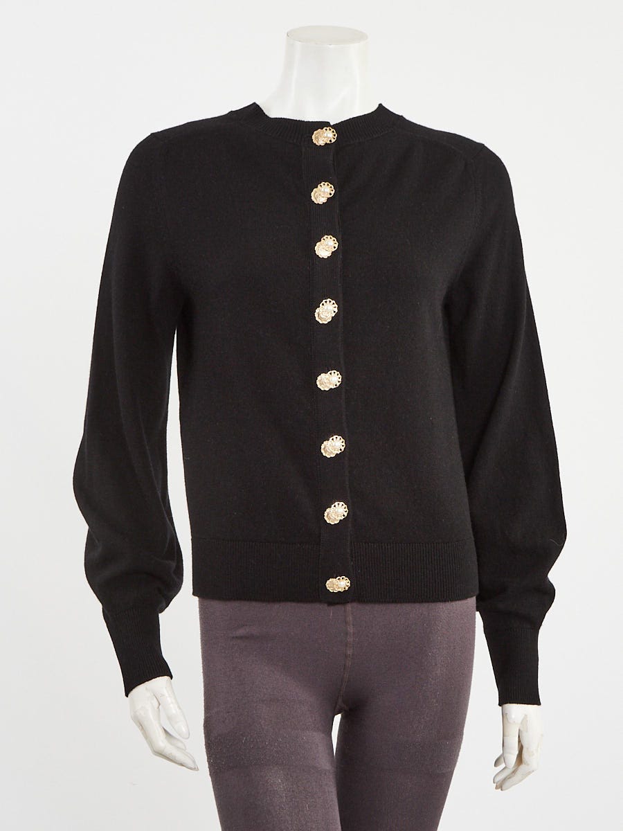 Chanel Black Cashmere Faux Pearl CC Button Cardigan Sweater Size 6