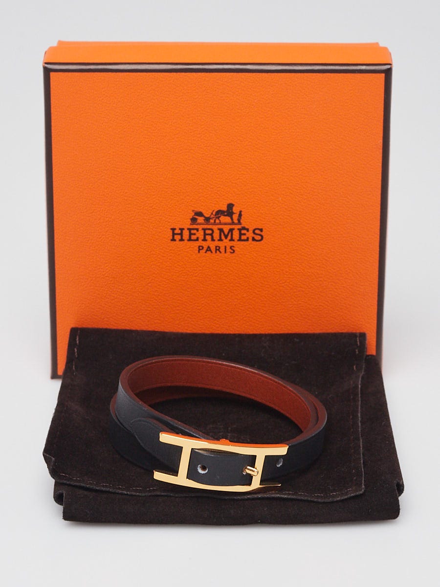 Hermes Noir/Fauve Swift Leather Gold Plated BeHapi Double Tour Bracelet Size T2