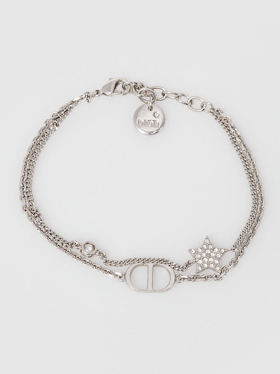 Christian Dior Silvertone Metal and Crystal Petite CD Double Chain