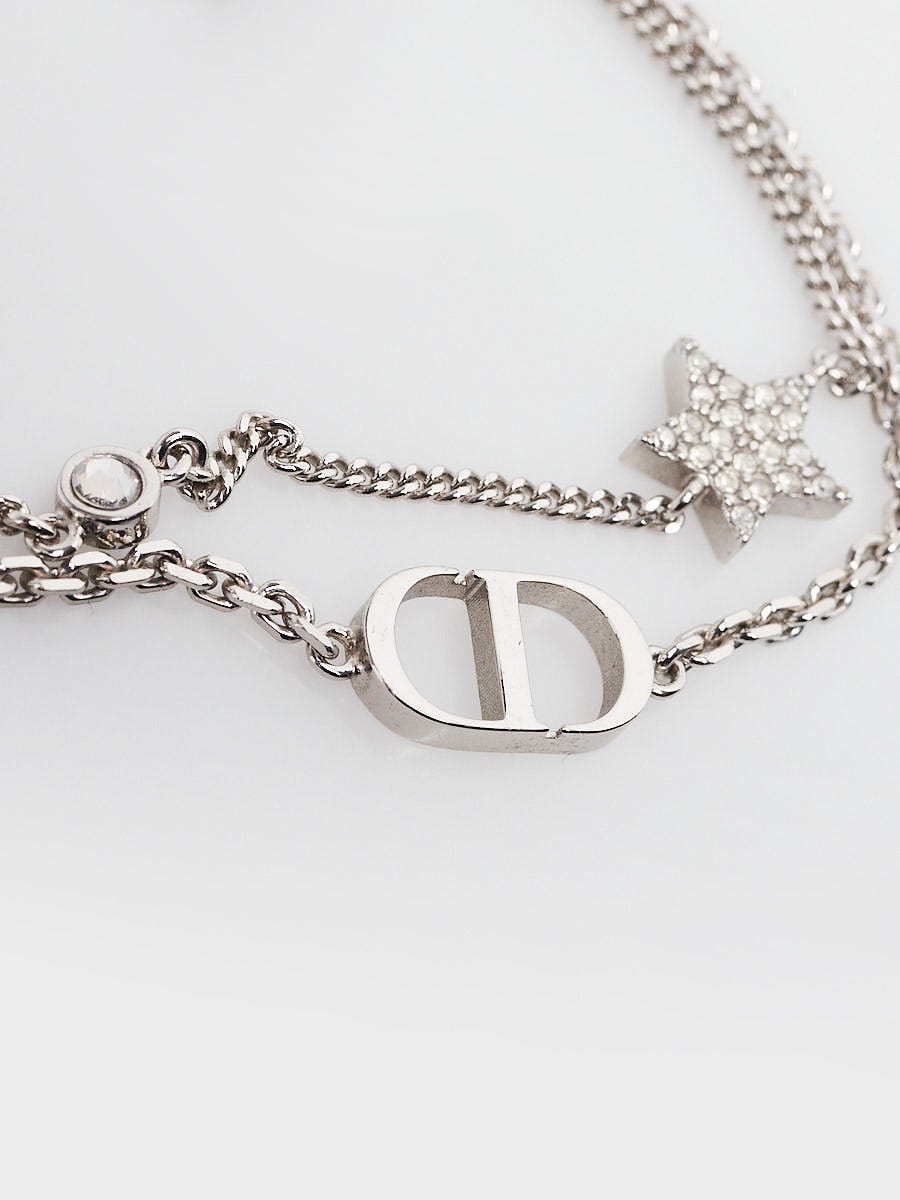 Christian Dior Silvertone Metal and Crystal Petite CD Double Chain