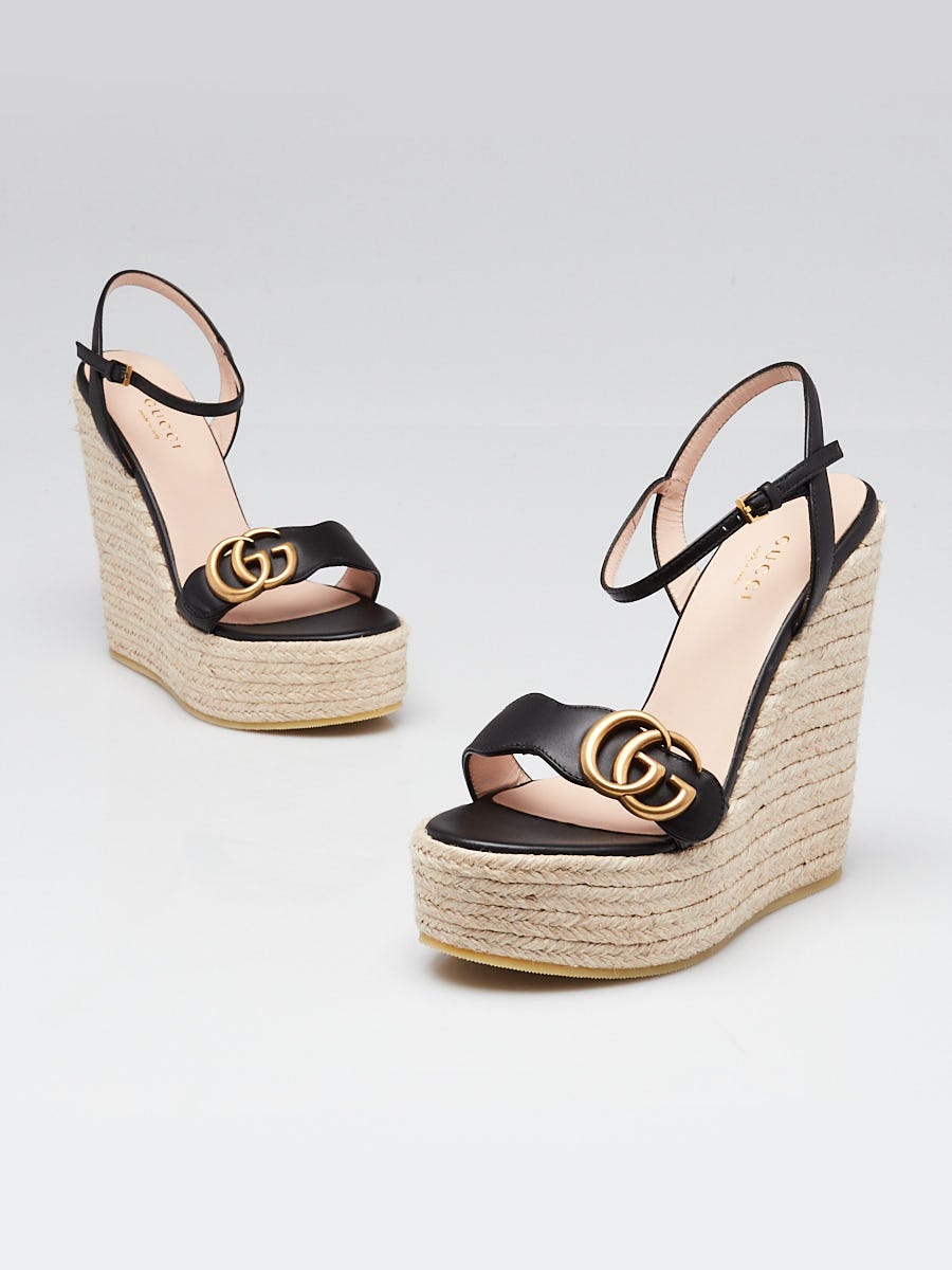 Gucci Black Leather GG Raffia Wedges Size 4/34.5 | Yoogi's Closet