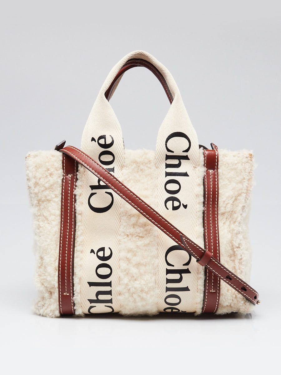 Chloe Beige/Brown Canvas/Leather/Shearling Small Woody Tote Bag