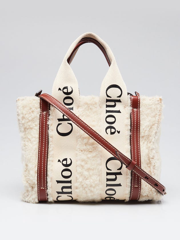 Chloe Beige/Brown Canvas/Leather/Shearling Small Woody Tote Bag