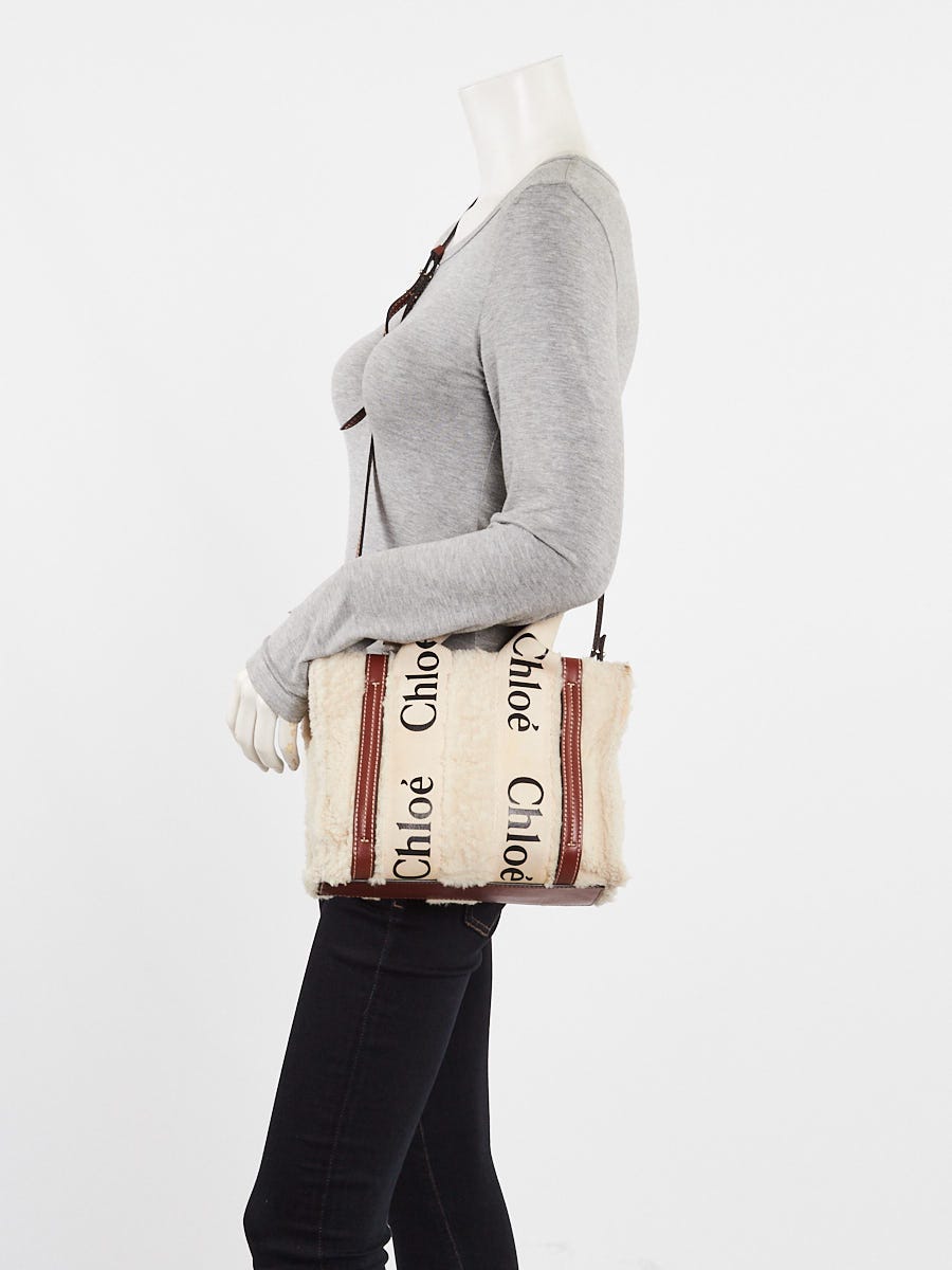 Chloe Beige/Brown Canvas/Leather/Shearling Small Woody Tote Bag
