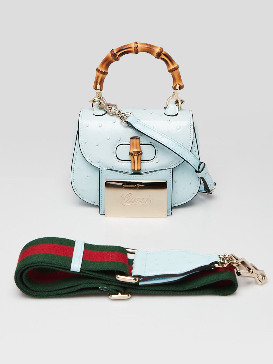 Gucci Light Blue Ostrich 1947 Mini Bamboo Top Handle Bag | Yoogi's