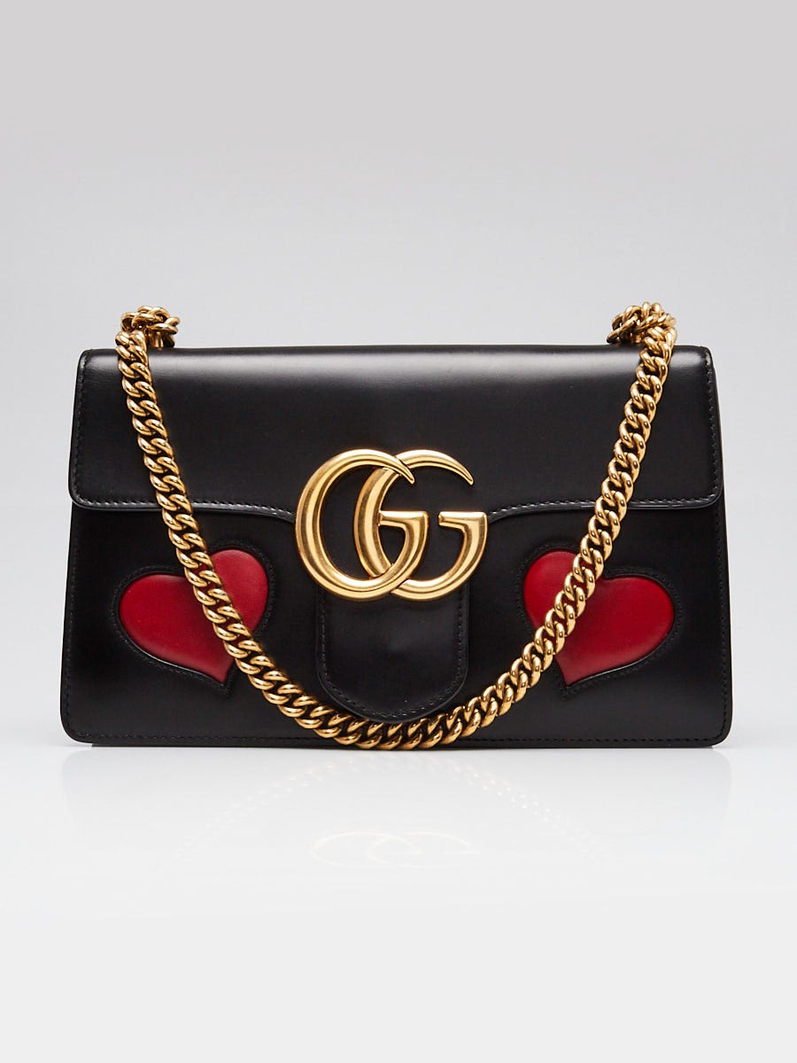 Gucci Black Smooth Leather GG Marmont Heart Shoulder Bag | Yoogi's