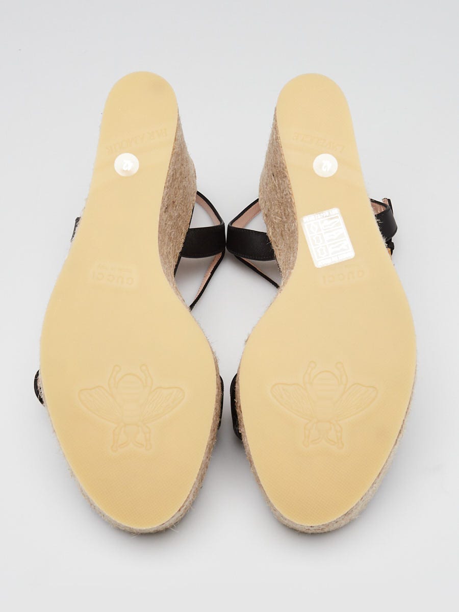 Gucci Black Leather GG Raffia Espadrille Wedge Sandals Size 11.5/42