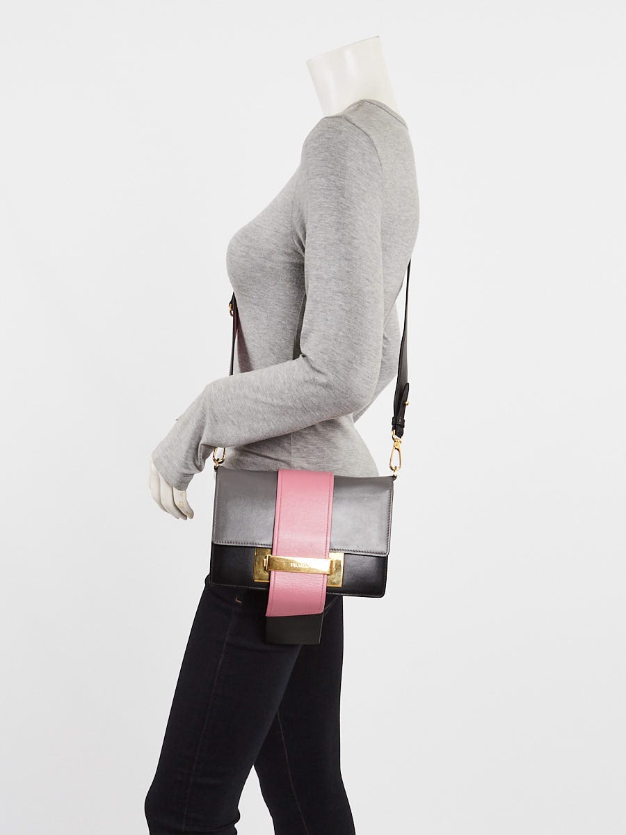 Prada Grey/Pink/Black City Calf Leather Metal Ribbon Shoulder Bag