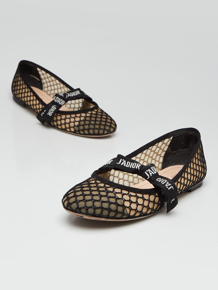 Christian Dior J'ADIORドット柄メッシュ 24cm Christian Dior Black Woven Mesh Fabric J'ADior Ballet Flats Size
