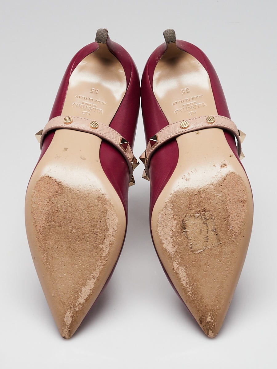 Valentino Red/Beige Leather Rockstud Ankle Wrap Pumps Size 4.5/35