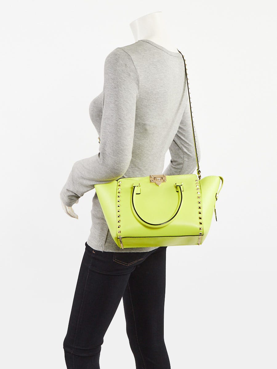 Valentino Fluo Yellow Leather Rockstud Small Double Handle Tote Bag