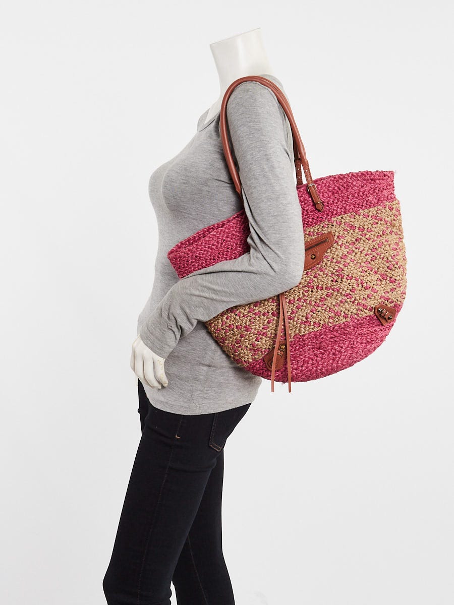Balenciaga Pink/Natural Woven Raffia Arena Small Tote Bag