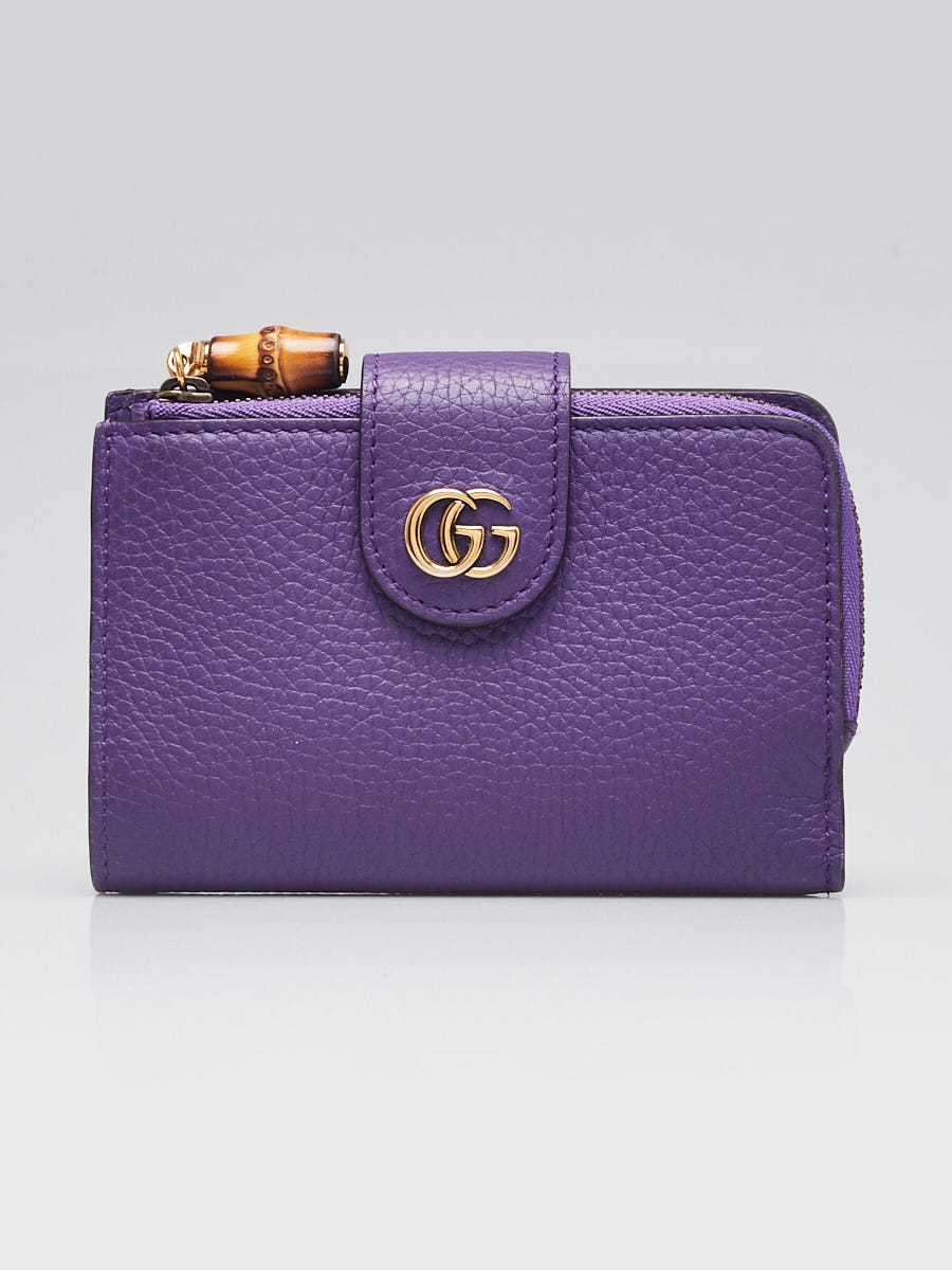 美品 GUCCI GGパターン ケース ダークパープル Gucci Purple Pebbled Leather Double G Medium Bamboo Wallet