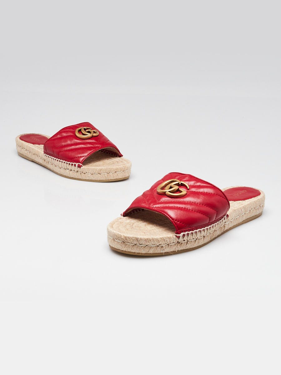 Gucci Red Quilted Leather GG Marmont Espadrille Slides Size  display picture 1