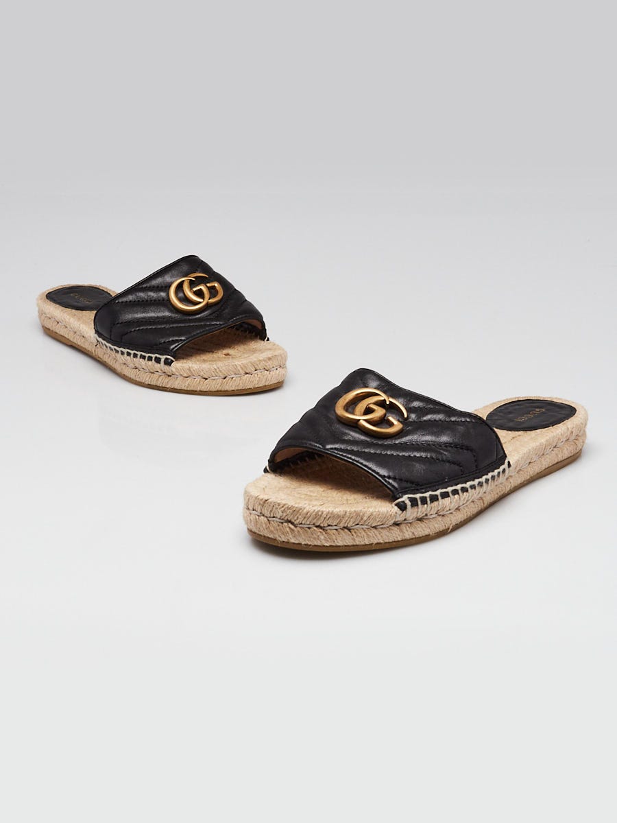Gucci Black Quilted Leather GG Marmont Espadrille Slides  display picture 2