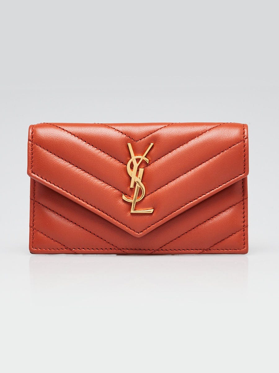Yves Saint Laurent Orange Quilted Leather Card Holder Wallet