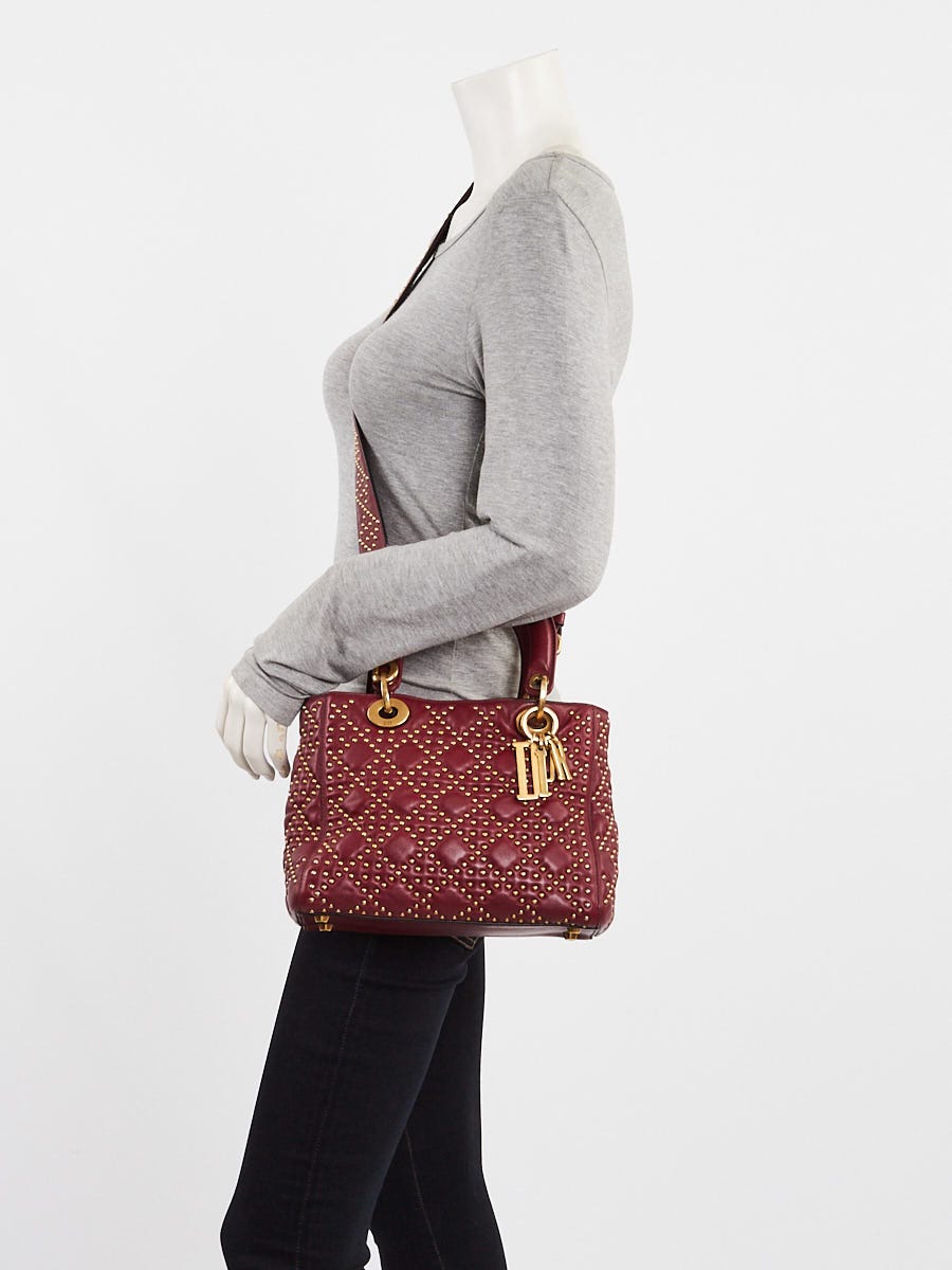 Christian Dior Dark Red Suppled Leather Studded Medium Lady Dior Bag