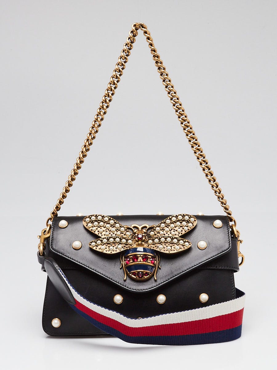 Gucci Black Leather Pearl Studded Mini Broadway Bee Shoulder Bag