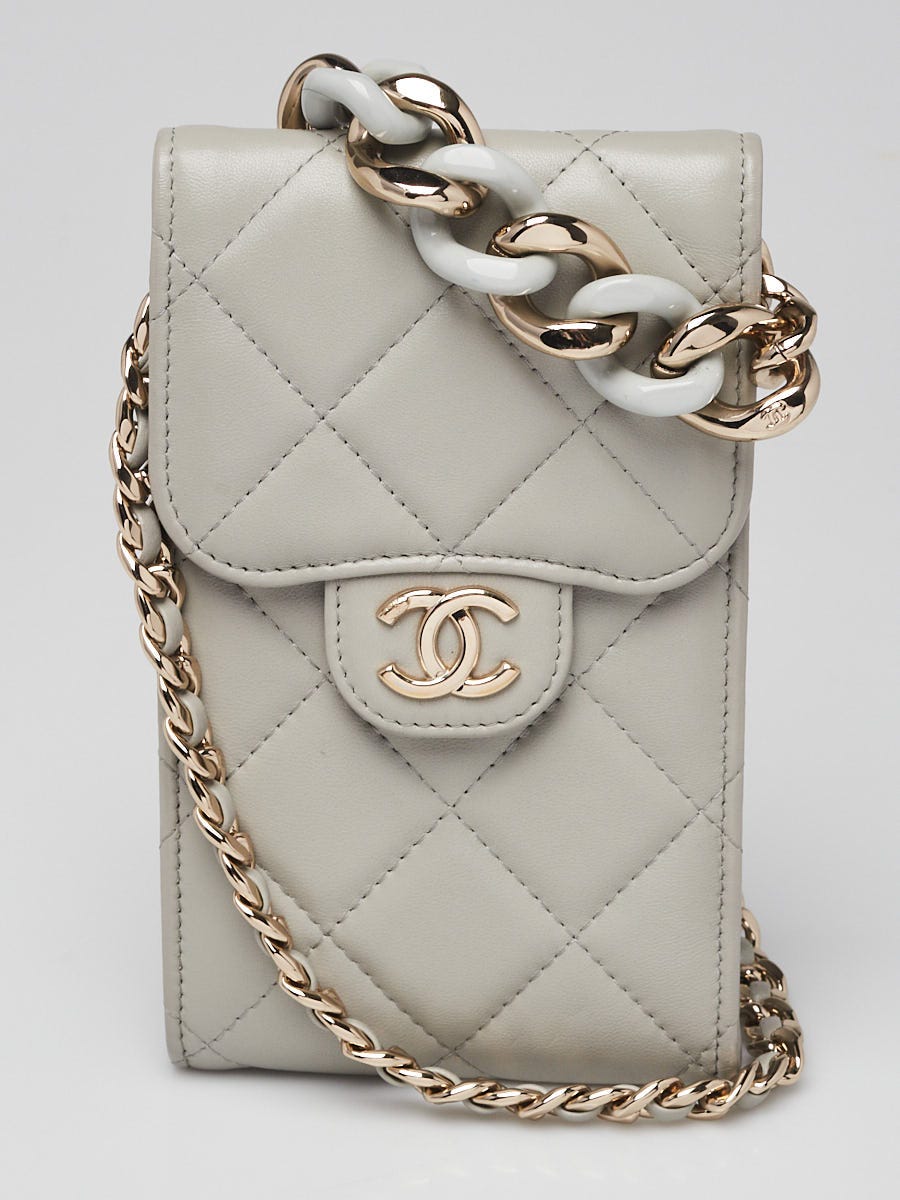 Chanel Grey Quilted Lambskin Leather Phone Holder with Resin Chain