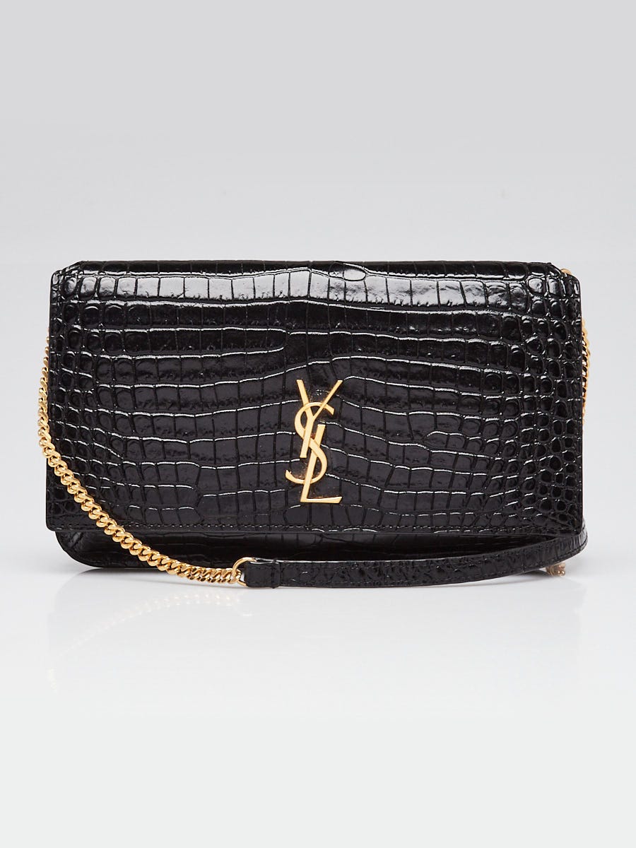 Yves Saint Laurent Black Croc Embossed Leather Monogram Phone Holder Crossbody Bag