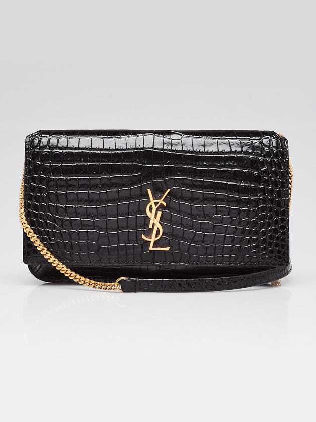 Yves Saint Laurent Black Croc Embossed Leather Monogram Phone Holder Crossbody Bag