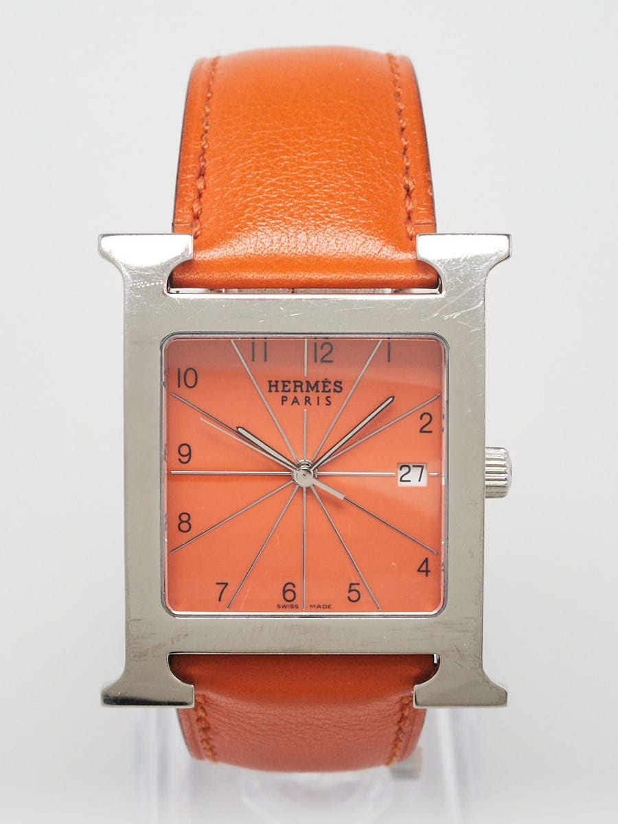 Hermes Orange Leather and Stainless Steel Heure H TGM Quartz Watch
