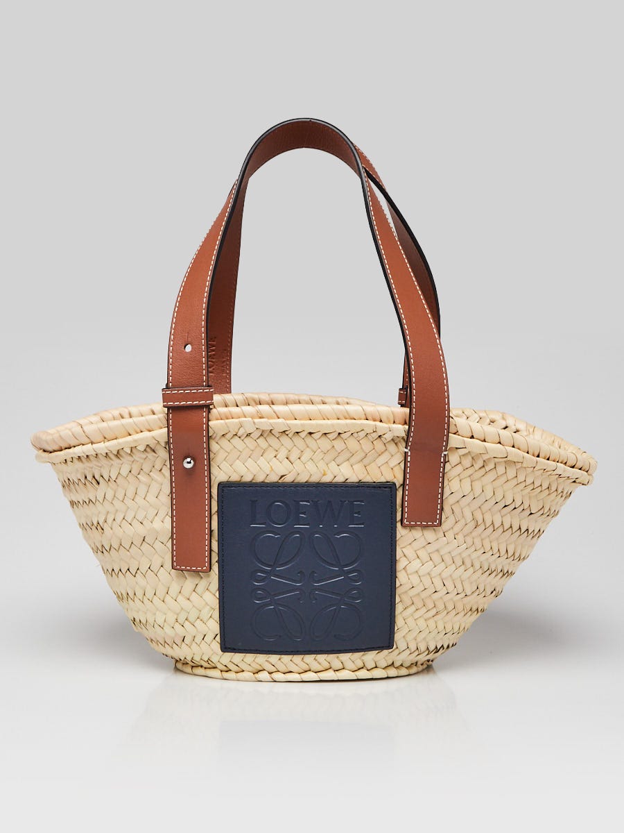 Loewe Natural/Blue Woven Straw/Leather Small Basket Tote Bag
