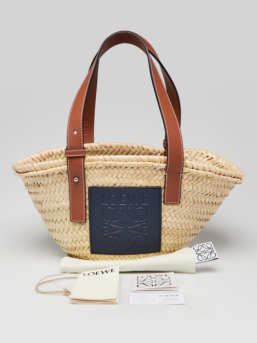 Loewe Natural/Blue Woven Straw/Leather Small Basket Tote Bag