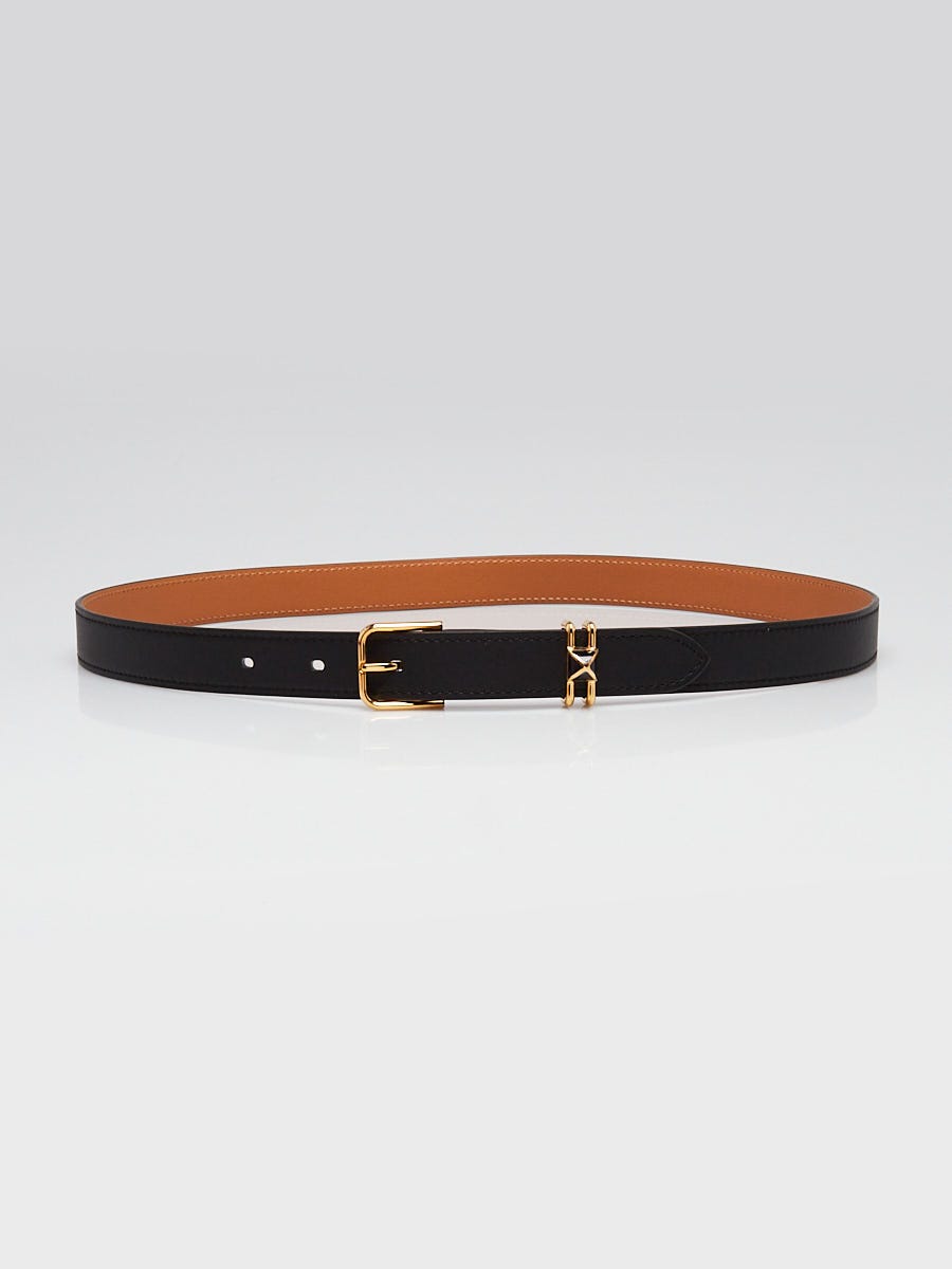 Hermes 20mm Black/Gold Swift Leather Gold Plated Mini Clou Belt Size 80