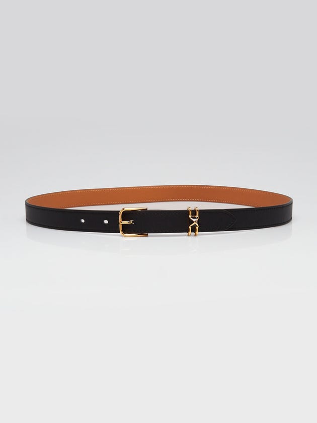 Hermes 20mm Black/Gold Swift Leather Gold Plated Mini Clou Belt Size 80