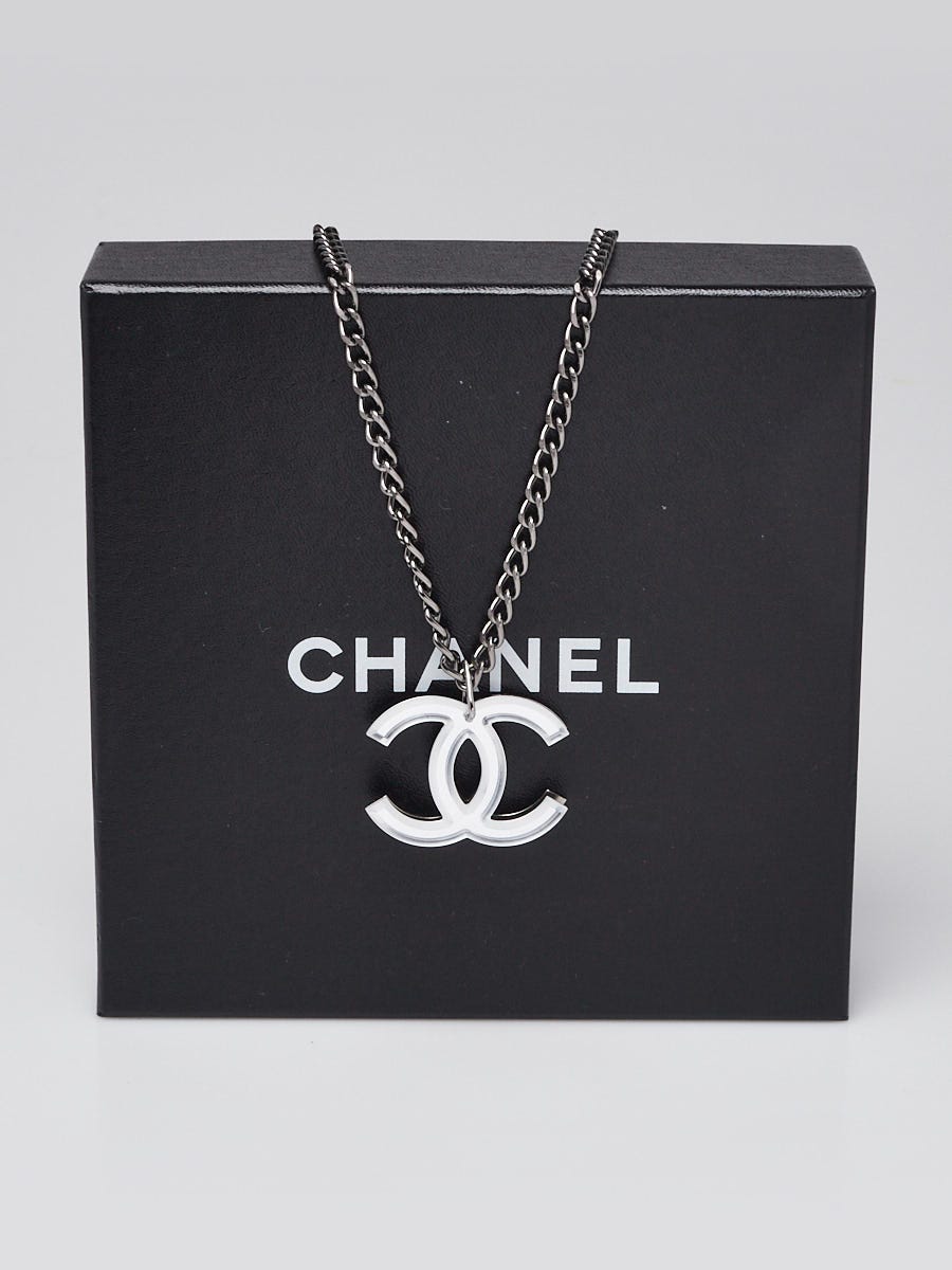 Chanel Silver Metal Clear Resin Reversible CC Pendant Necklace