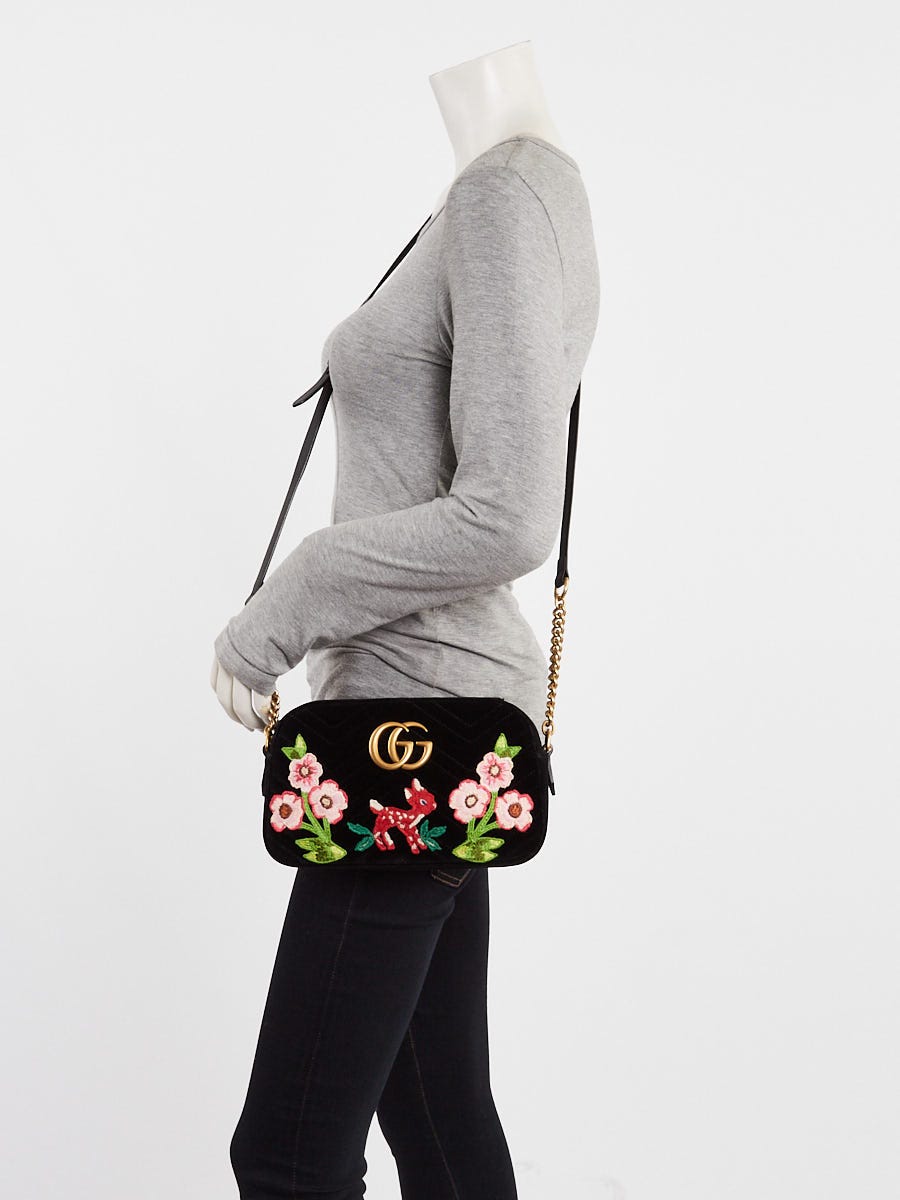 Gucci Black Quilted Velvet Deer Embroidered Marmont Metalasse