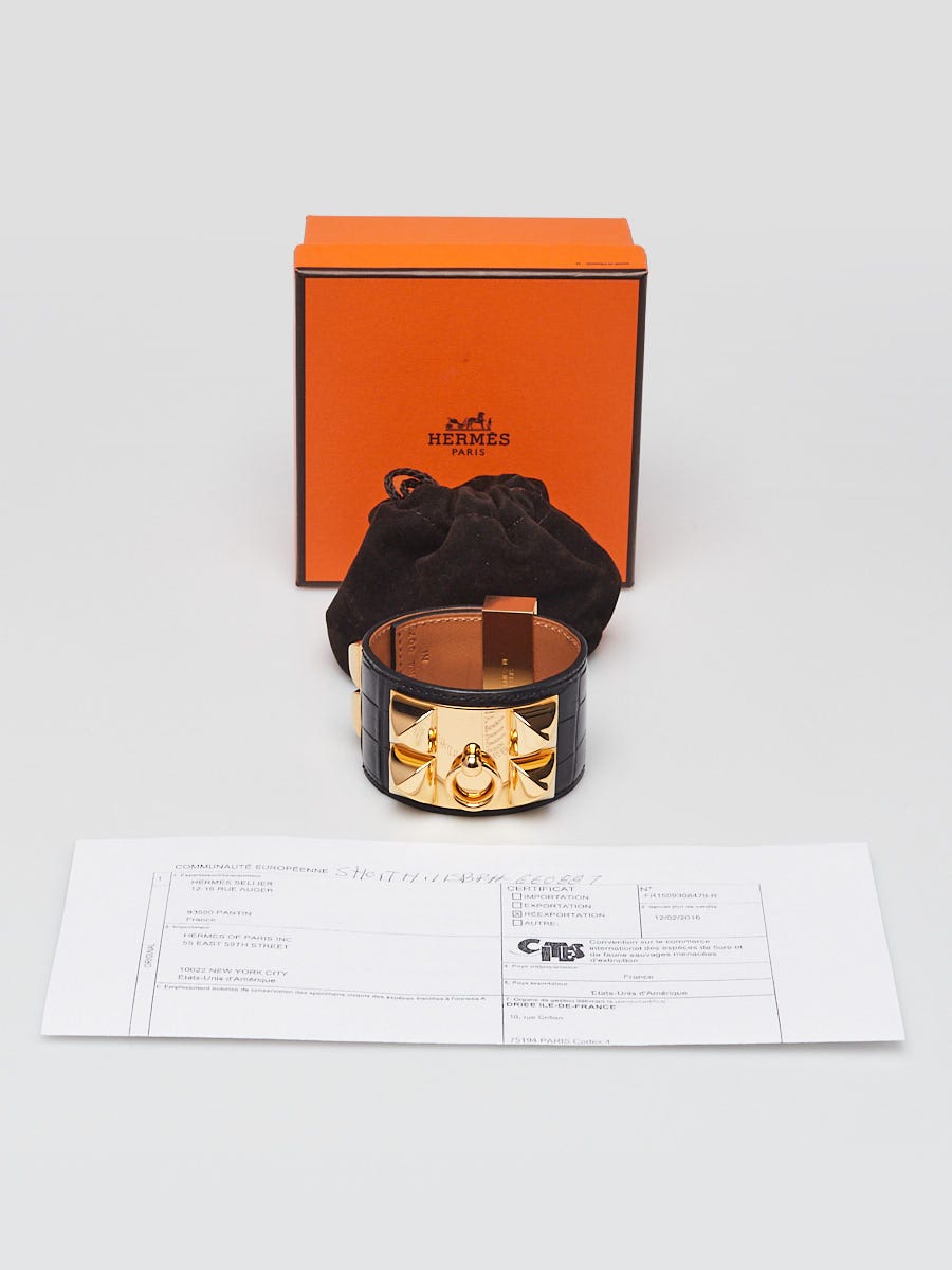 Hermes Black Matte Alligator Gold Plated Collier de Chien Cuff