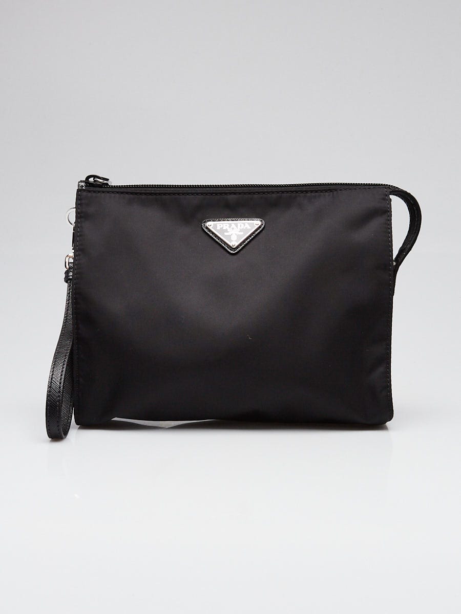 Prada Black Tessuto Nylon and Saffiano Leather Pouch w/ Wrist Strap 2NE789