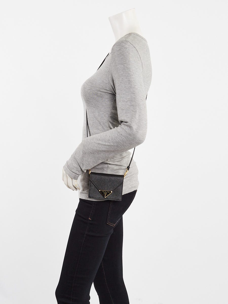 Prada Black Saffiano Leather Triangle Logo Card Holder on Strap Crossbody Bag