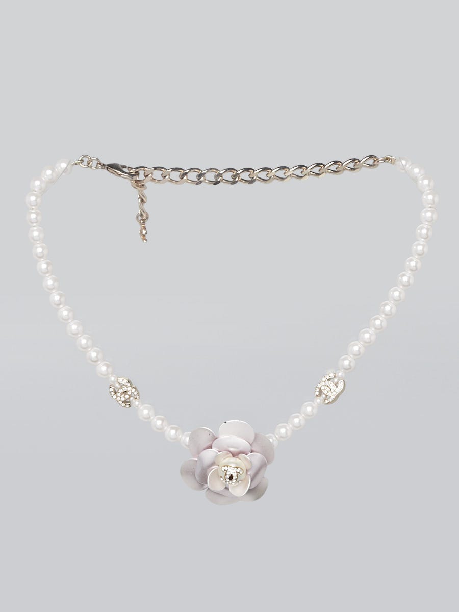 Chanel Pink Camellia Crystal Pearl Choker Necklace | Yoogi's Closet