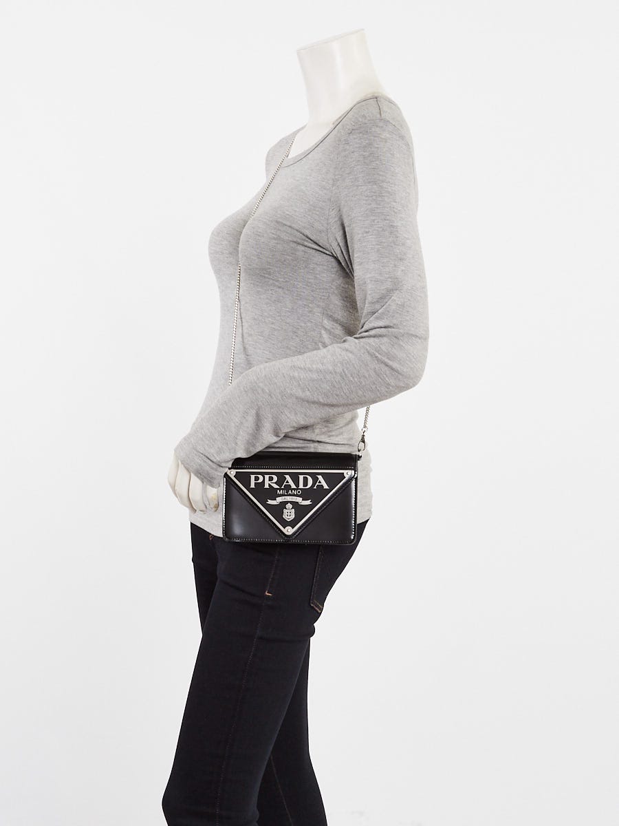 Prada Black Spazzolato Leather Maxi Triangle Logo Small Crossbody