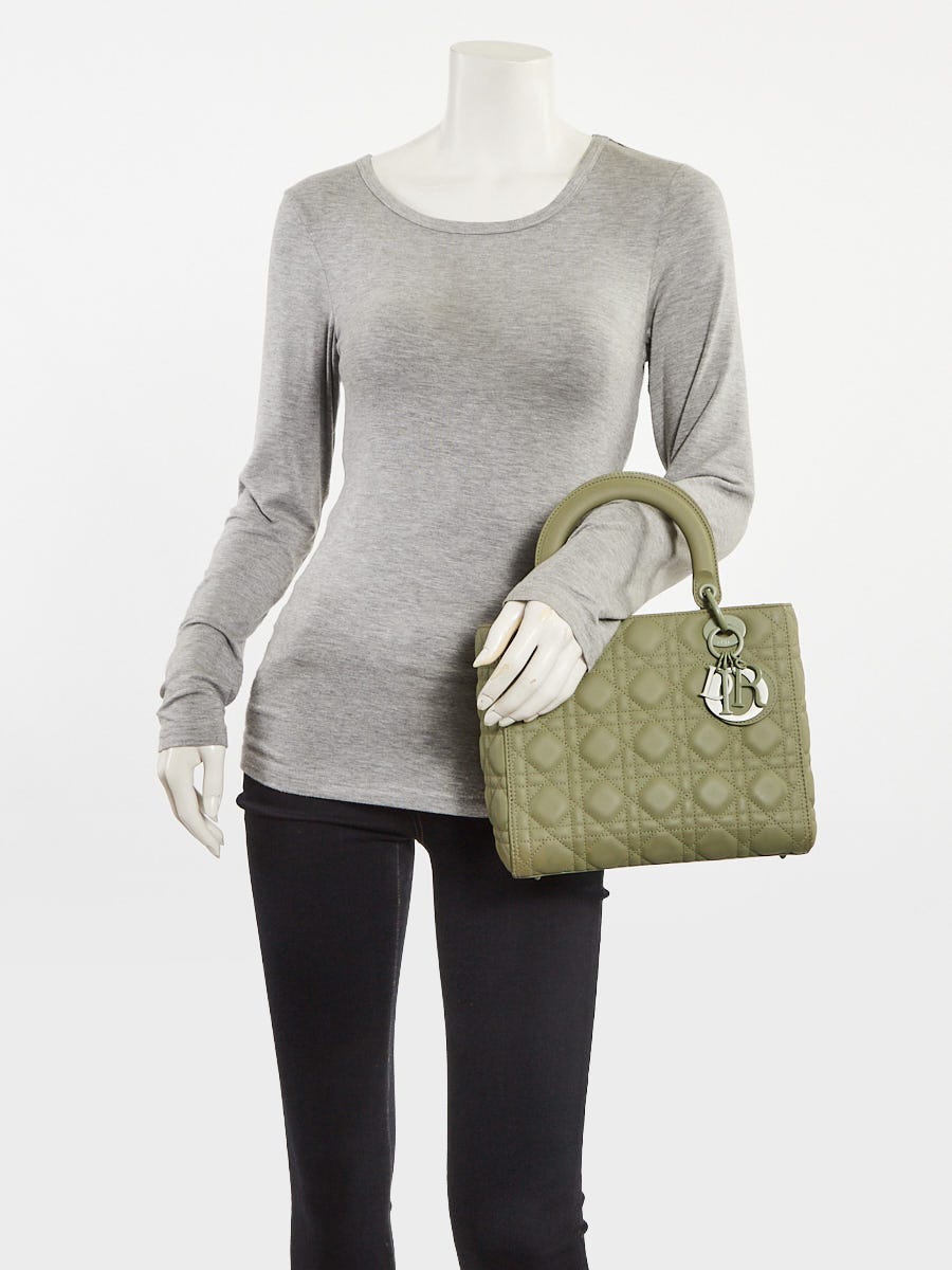 Christian Dior Green Cannage Quilted Matte Leather Medium Lady Dior Bag w/o Strap