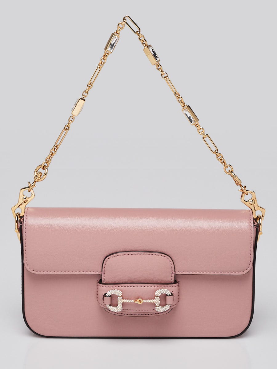 Gucci Dusty Rose Azalea Calfskin Crystal Small Horsebit 1955 Chain