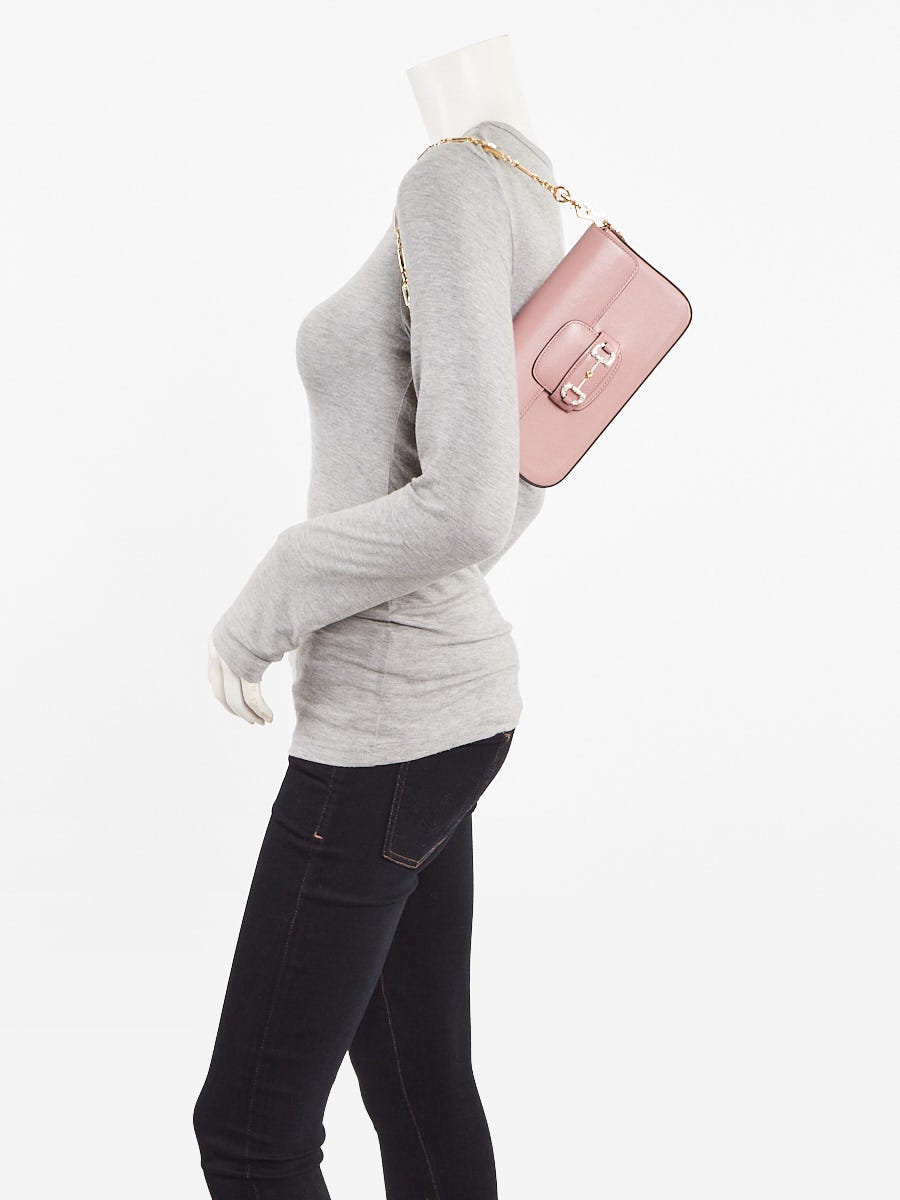 Gucci Dusty Rose Azalea Calfskin Crystal Small Horsebit 1955 Chain Shoulder Bag