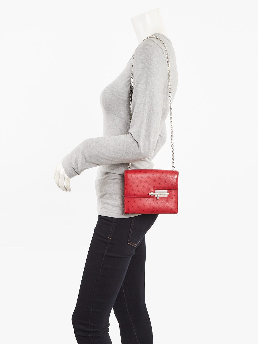Hermes Rouge Vif Ostrich Palladium Plated Mini Verrou Bag