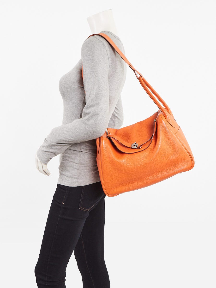 Hermes 34cm Orange Clemence Leather Palladium Plated Lindy Bag