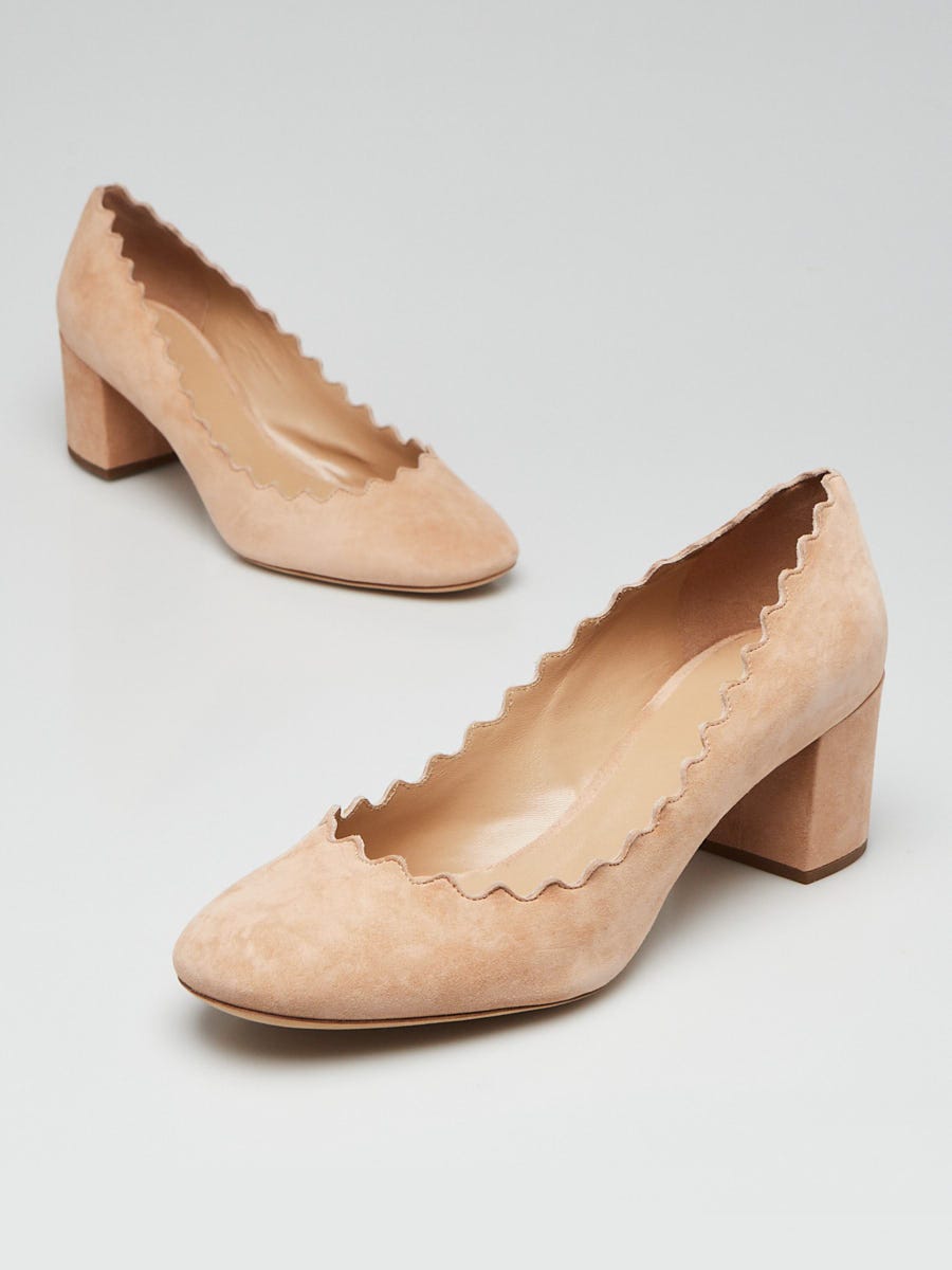 Chloe Beige Suede Scalloped Lauren Mid-Heel Pumps Size 6.5/37 