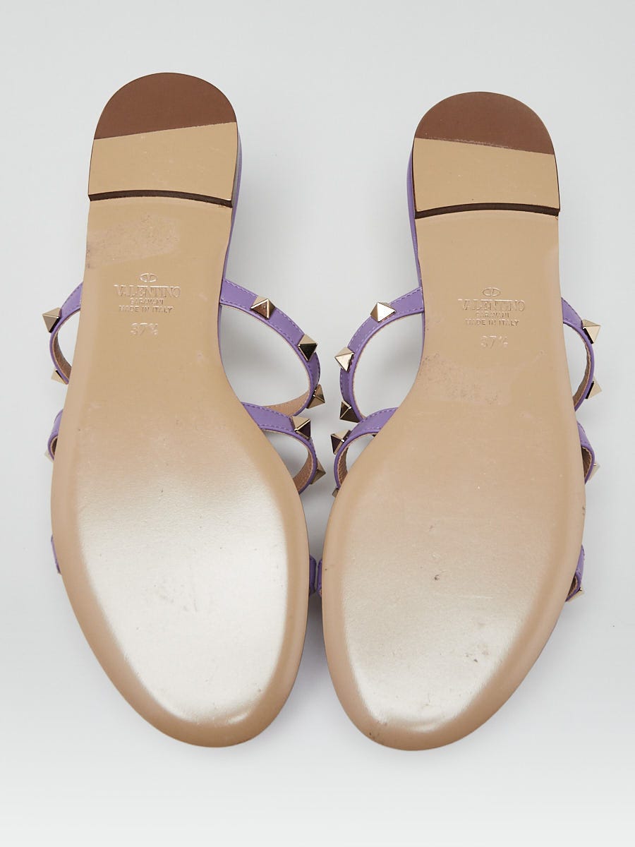 Valentino Purple Leather Rockstud Open Toe Slide Flat Sandals Size