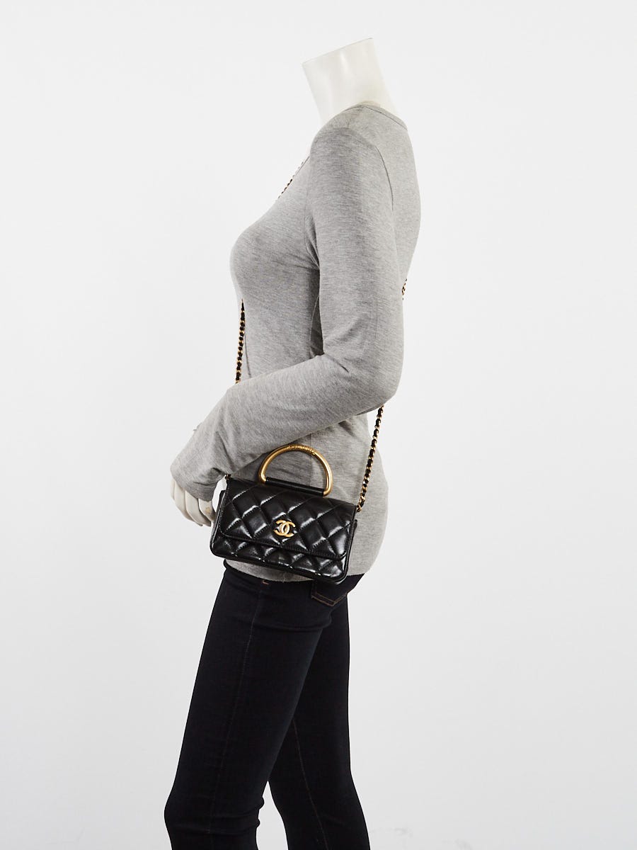 Chanel Black Quilted Lambskin Leather Top Handle Flap Phone Holder With Chain Bag