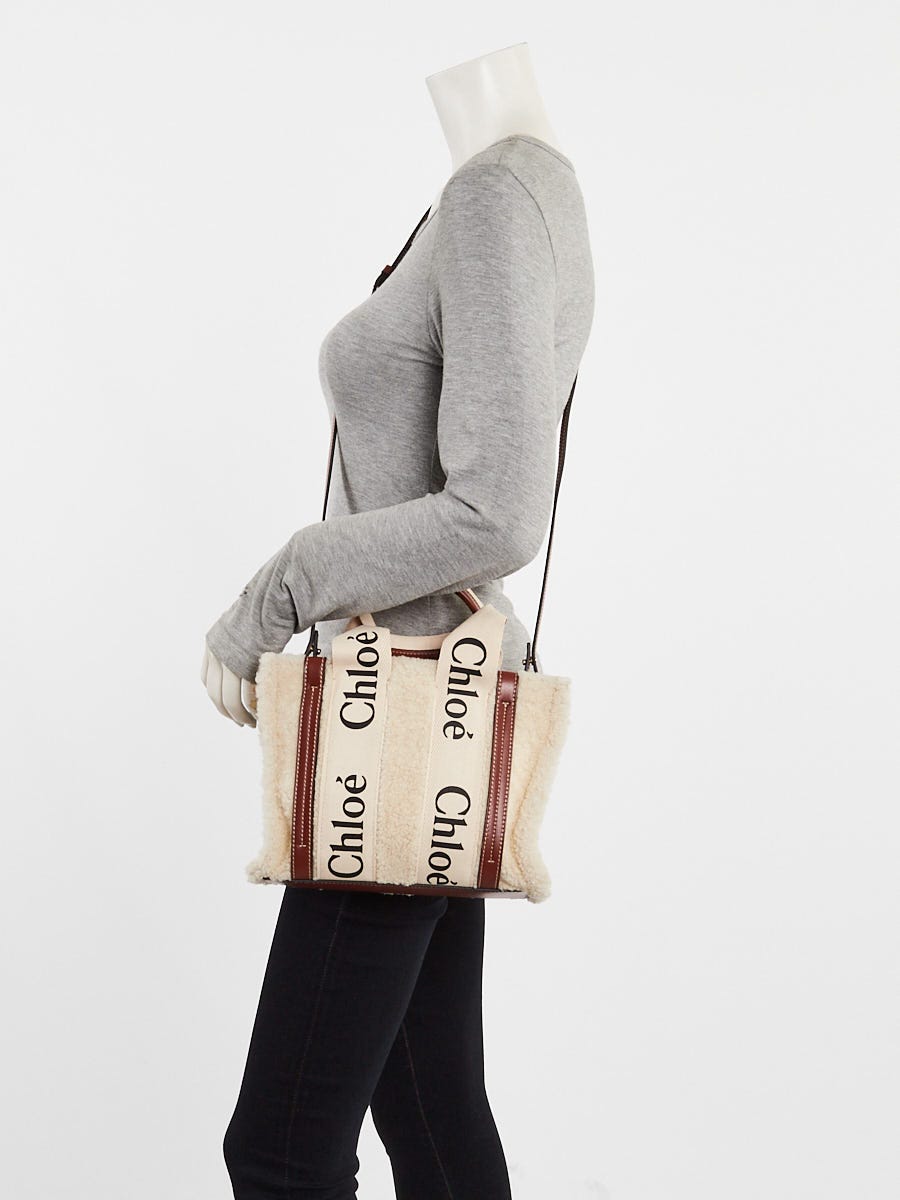 Chloe Beige/Brown Canvas/Leather/Shearling Small Woody Tote Bag
