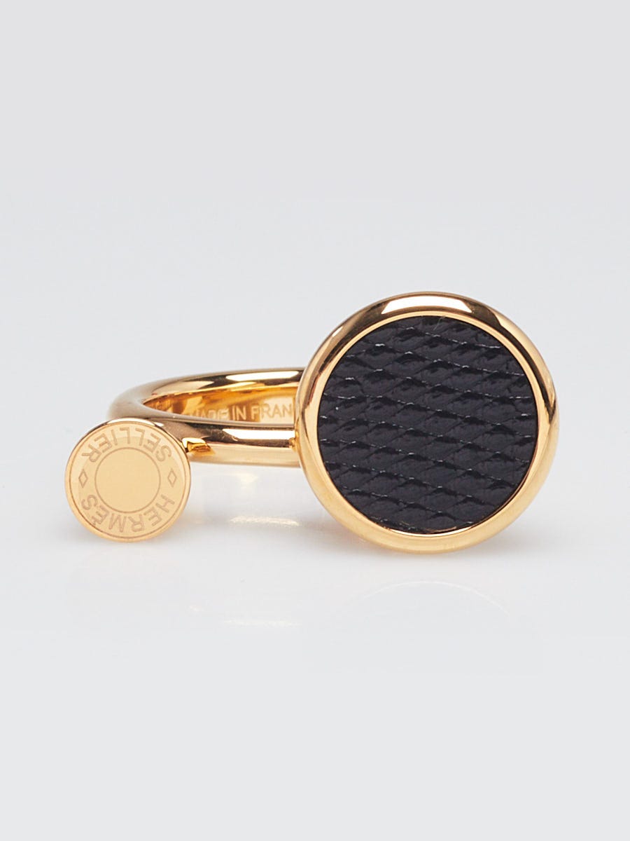 Hermes Gold Plated Metal and Black Lizard Cor Ring Size M