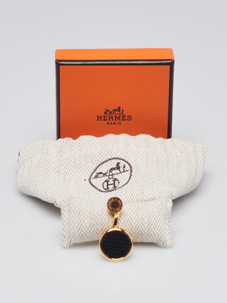 Hermes Gold Plated Metal and Black Lizard Cor Ring Size M