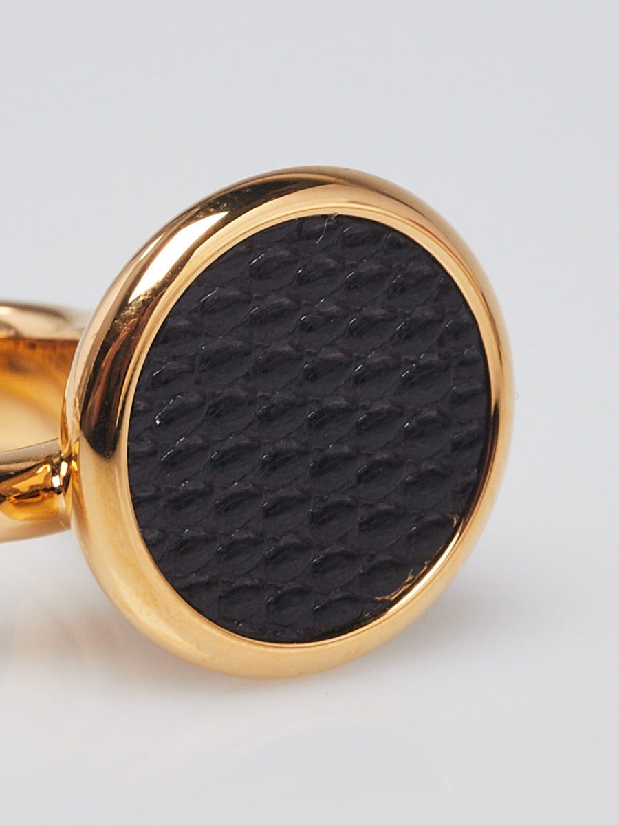Hermes Gold Plated Metal and Black Lizard Cor Ring Size M