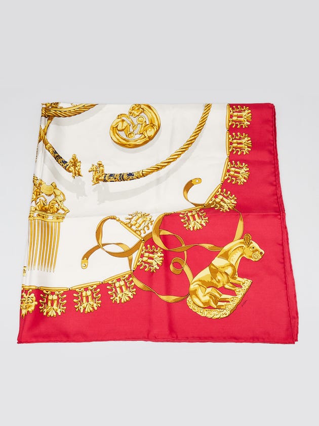 Hermes Red Silk Les Cavaliers d'Or Motif Print 90 cm Square Scarf